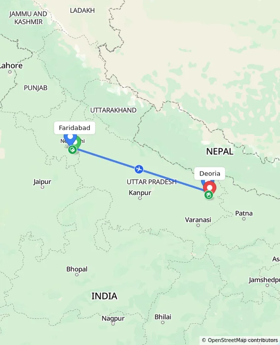 Route map showing distance and travel time from Faridabad, India to Deoria, India