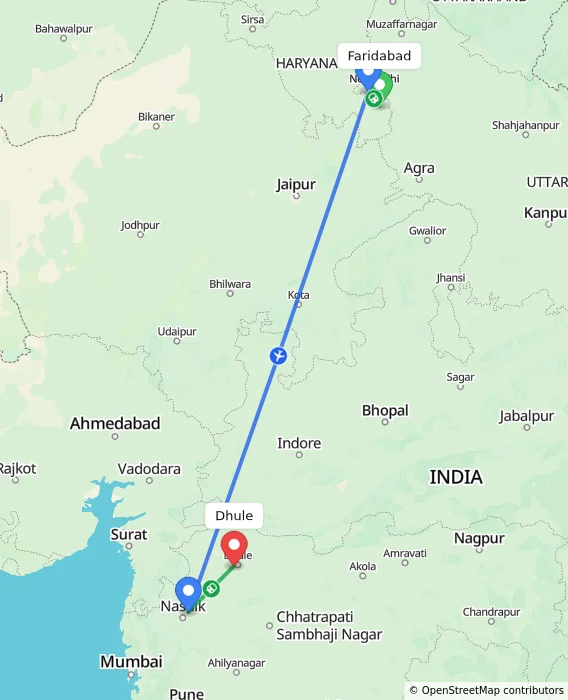 Route map showing distance and travel time from Faridabad, India to Dhule, India