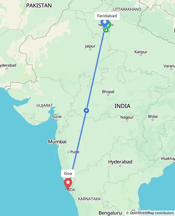 Route map showing distance and travel time from Faridabad, India to Goa, India