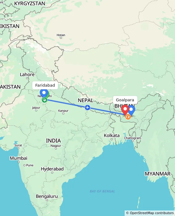 Route map showing distance and travel time from Faridabad, India to Goalpara, India