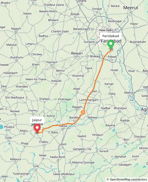 Route map showing distance and travel time from Faridabad, India to Jaipur, India