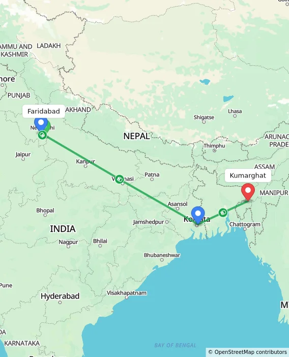 Route map showing distance and travel time from Faridabad, India to Kumarghat, India