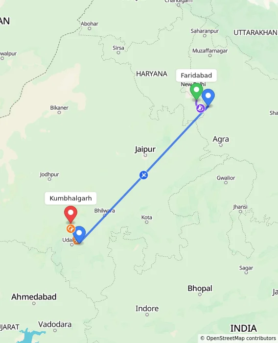 Route map showing distance and travel time from Faridabad, India to Kumbhalgarh, India
