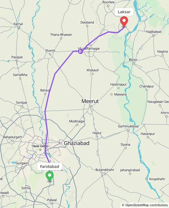 Route map showing distance and travel time from Faridabad, India to Laksar, India