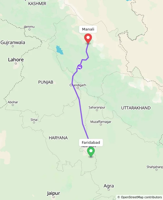 Route map showing distance and travel time from Faridabad, India to Manali, India