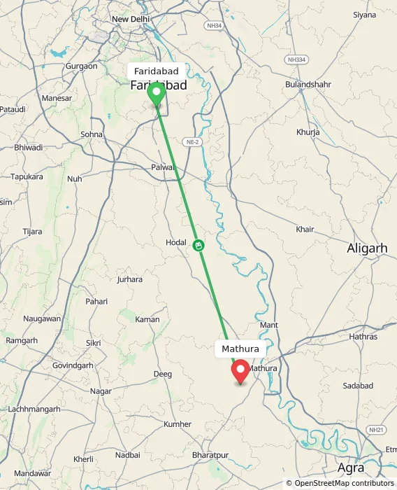 Route map showing distance and travel time from Faridabad, India to Mathura, India