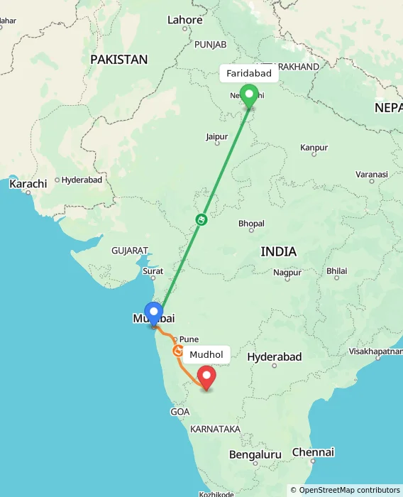 Route map showing distance and travel time from Faridabad, India to Mudhol, India