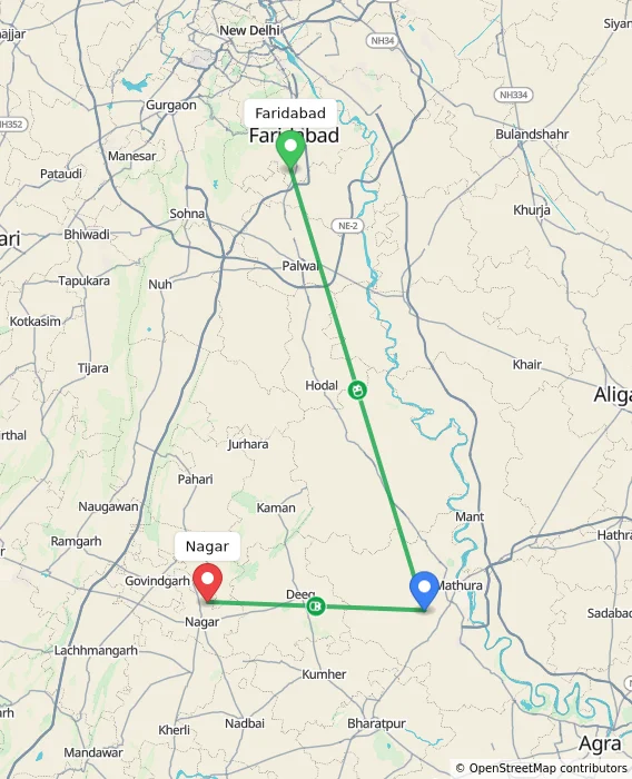 Route map showing distance and travel time from Faridabad, India to Nagar, India