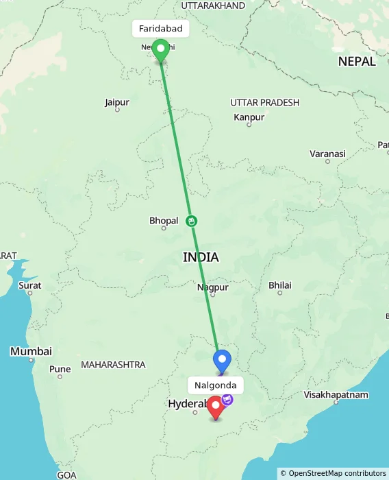 Route map showing distance and travel time from Faridabad, India to Nalgonda, India