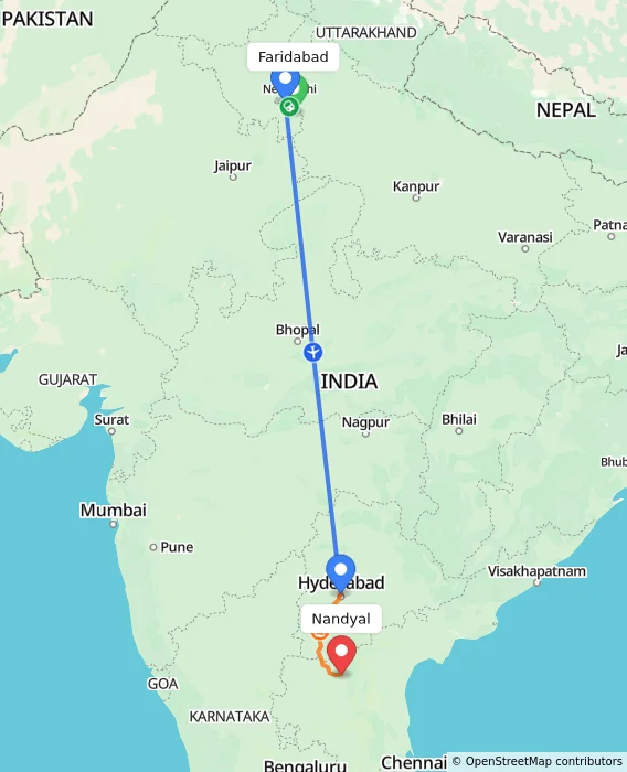 Route map showing distance and travel time from Faridabad, India to Nandyal, India