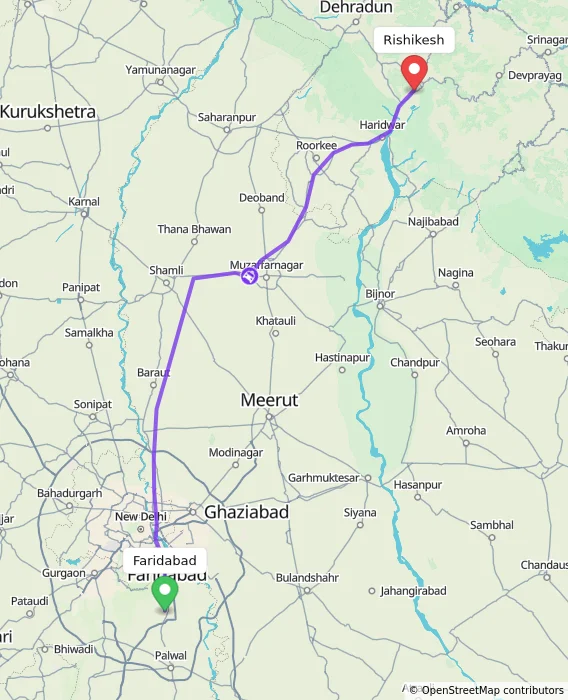 Route map showing distance and travel time from Faridabad, India to Rishikesh, India