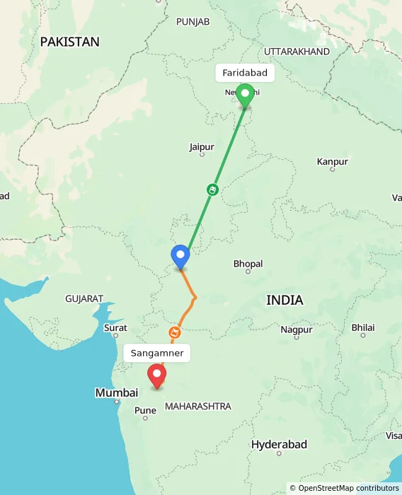 Route map showing distance and travel time from Faridabad, India to Sangamner, India
