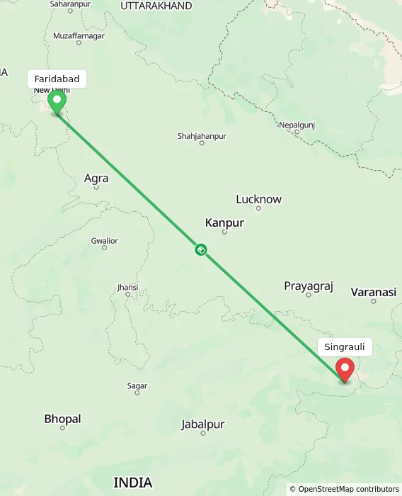 Route map showing distance and travel time from Faridabad, India to Singrauli, India