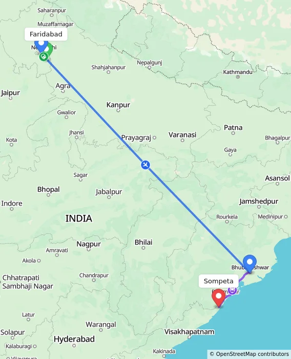 Route map showing distance and travel time from Faridabad, India to Sompeta, India