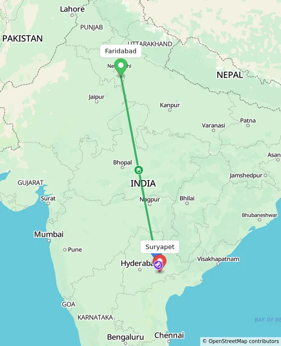 Route map showing distance and travel time from Faridabad, India to Suryapet, India