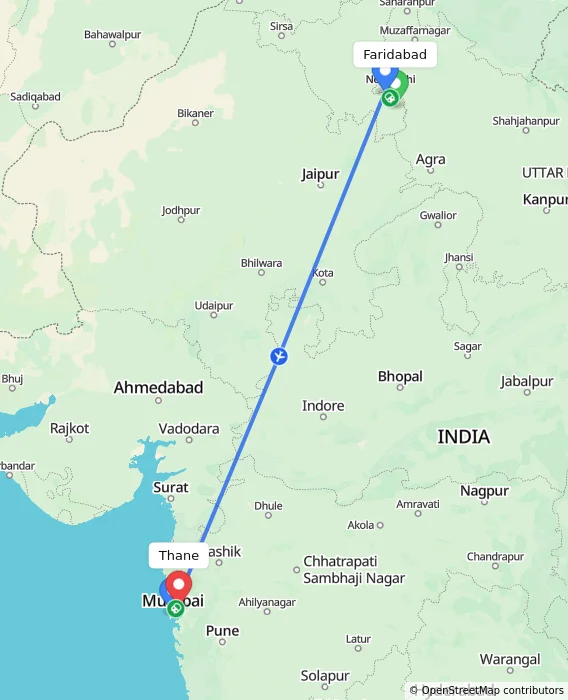 Route map showing distance and travel time from Faridabad, India to Thane, India