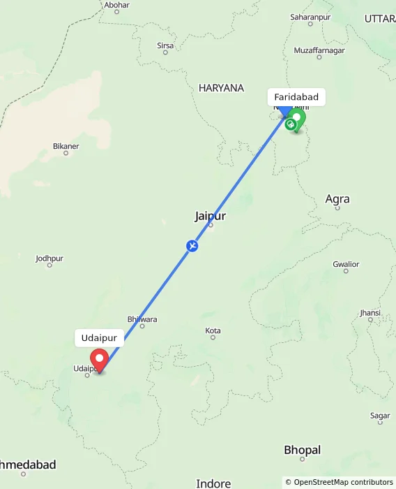 Route map showing distance and travel time from Faridabad, India to Udaipur, India