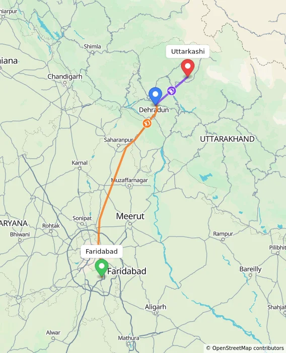 Route map showing distance and travel time from Faridabad, India to Uttarkashi, India
