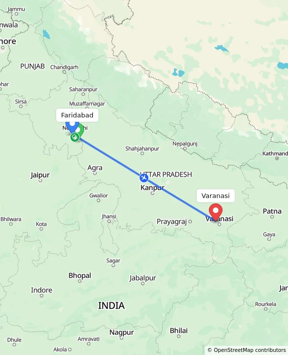 Route map showing distance and travel time from Faridabad, India to Varanasi, India