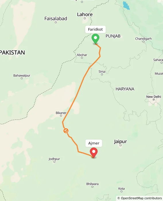 Route map showing distance and travel time from Faridkot, India to Ajmer, India
