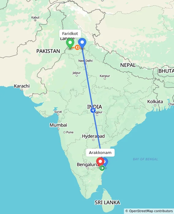 Route map showing distance and travel time from Faridkot, India to Arakkonam, India