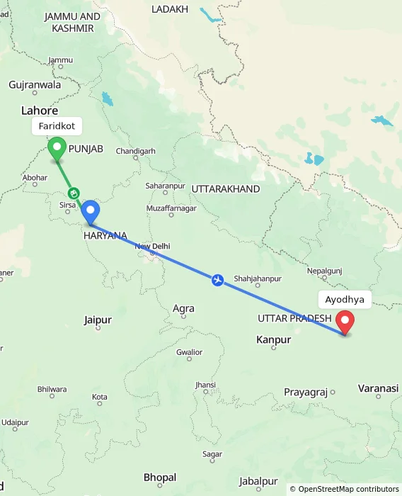 Route map showing distance and travel time from Faridkot, India to Ayodhya, India