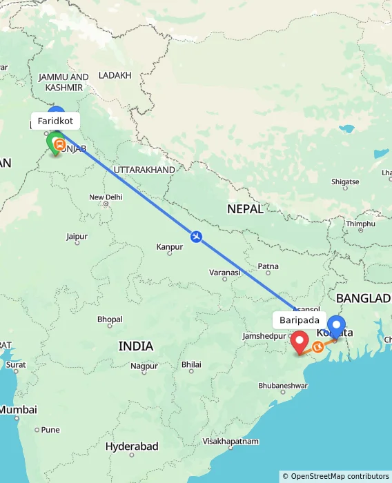 Route map showing distance and travel time from Faridkot, India to Baripada, India