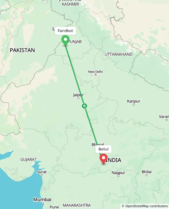 Route map showing distance and travel time from Faridkot, India to Betul, India