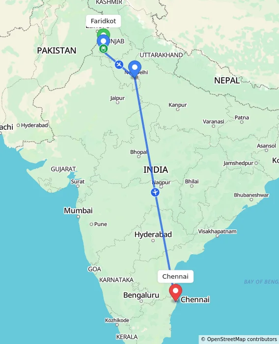 Route map showing distance and travel time from Faridkot, India to Chennai, India