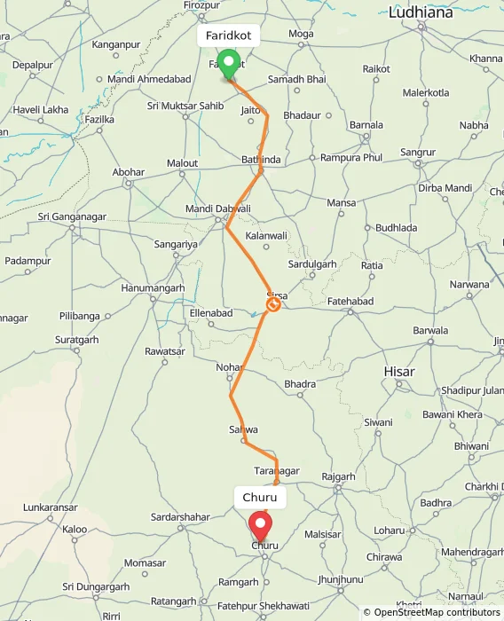 Route map showing distance and travel time from Faridkot, India to Churu, India