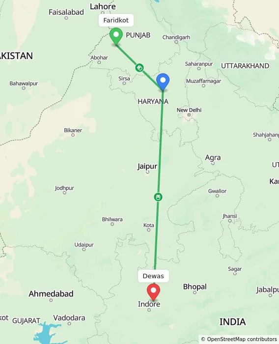 Route map showing distance and travel time from Faridkot, India to Dewas, India
