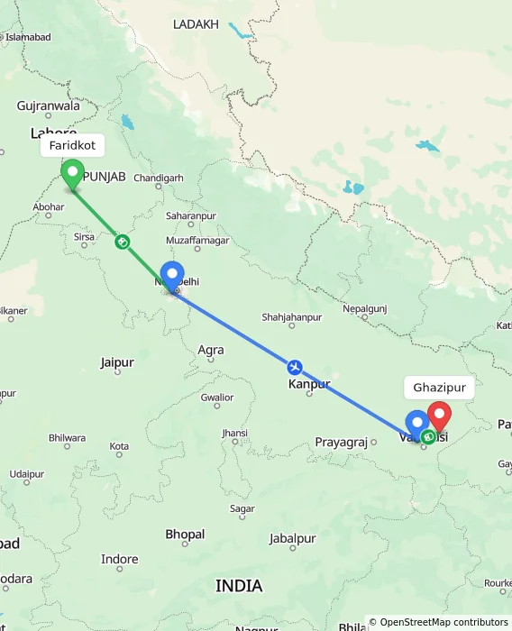 Route map showing distance and travel time from Faridkot, India to Ghazipur, India