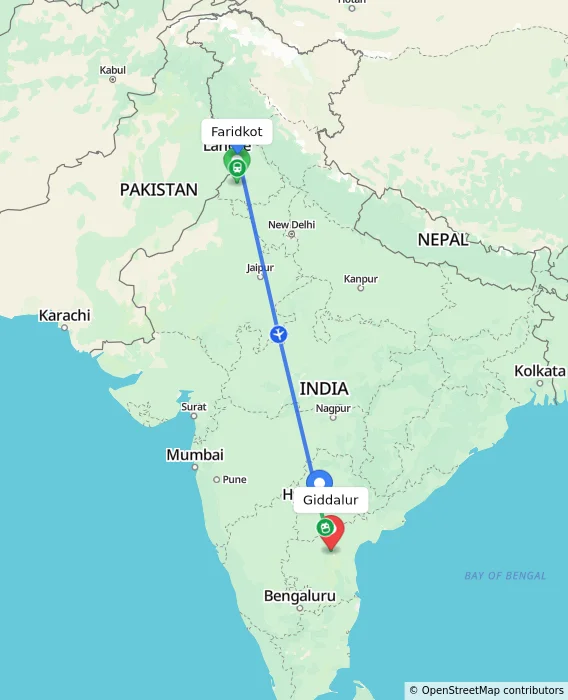 Route map showing distance and travel time from Faridkot, India to Giddalur, India