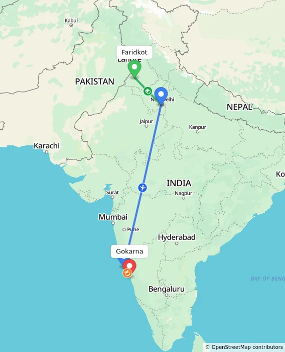 Route map showing distance and travel time from Faridkot, India to Gokarna, India