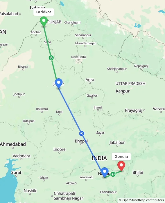 Route map showing distance and travel time from Faridkot, India to Gondia, India