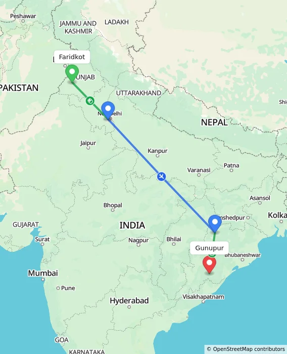 Route map showing distance and travel time from Faridkot, India to Gunupur, India