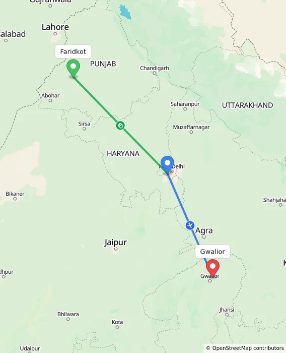 Route map showing distance and travel time from Faridkot, India to Gwalior, India