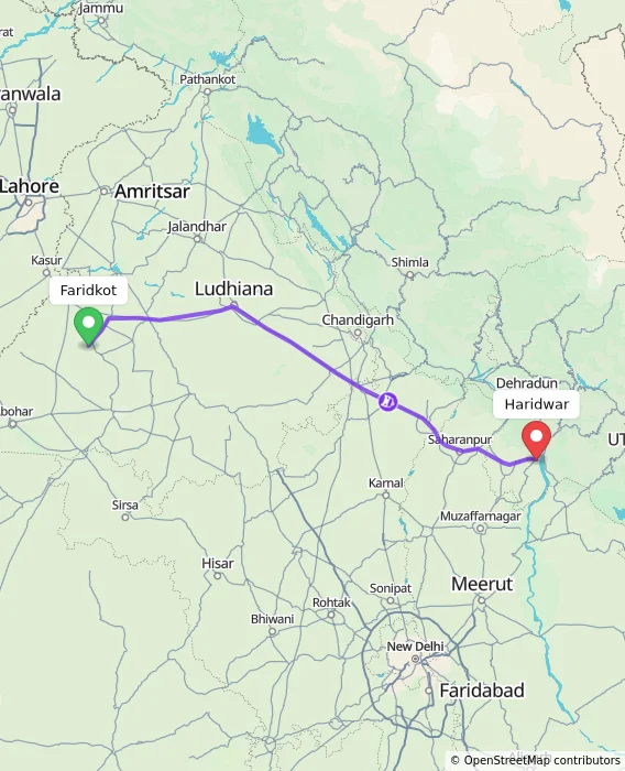 Route map showing distance and travel time from Faridkot, India to Haridwar, India