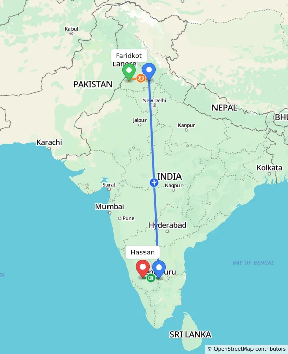 Route map showing distance and travel time from Faridkot, India to Hassan, India