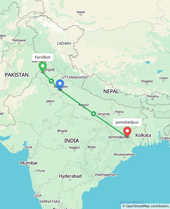Route map showing distance and travel time from Faridkot, India to Jamshedpur, India