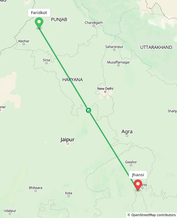Route map showing distance and travel time from Faridkot, India to Jhansi, India