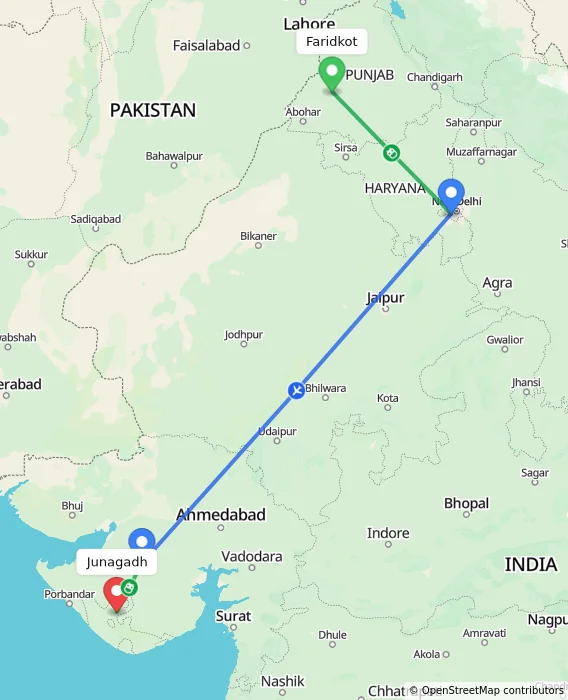 Route map showing distance and travel time from Faridkot, India to Junagadh, India