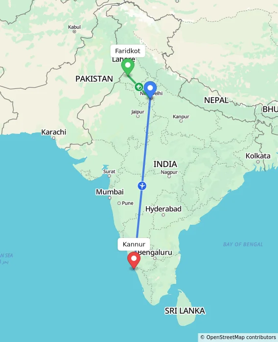 Route map showing distance and travel time from Faridkot, India to Kannur, India
