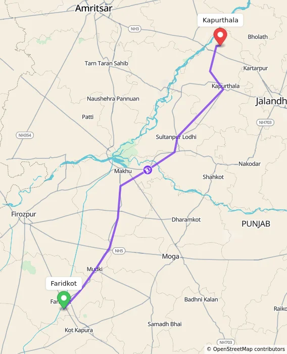 Route map showing distance and travel time from Faridkot, India to Kapurthala, India
