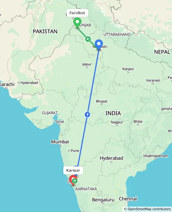Route map showing distance and travel time from Faridkot, India to Karwar, India
