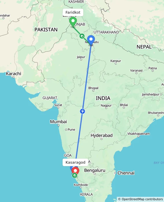 Route map showing distance and travel time from Faridkot, India to Kasaragod, India