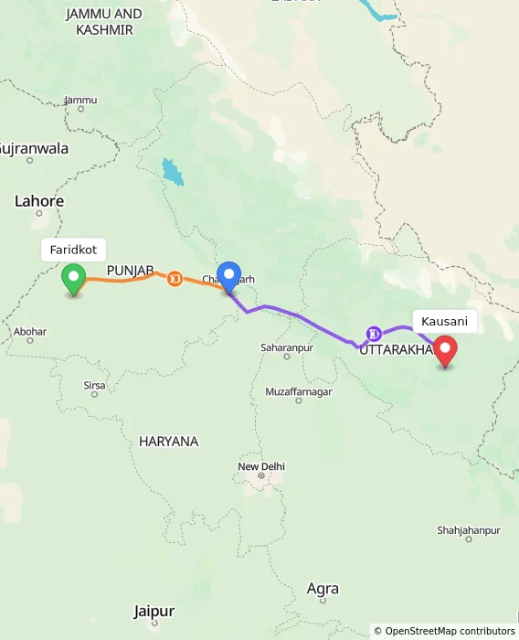 Route map showing distance and travel time from Faridkot, India to Kausani, India