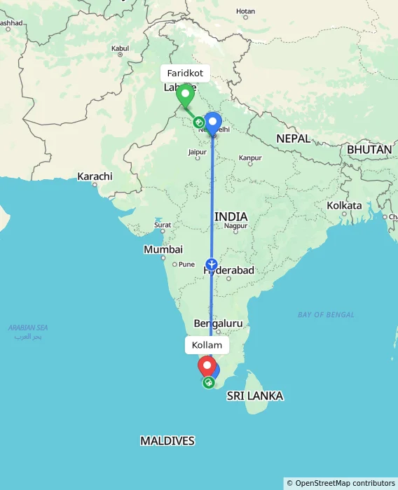 Route map showing distance and travel time from Faridkot, India to Kollam, India