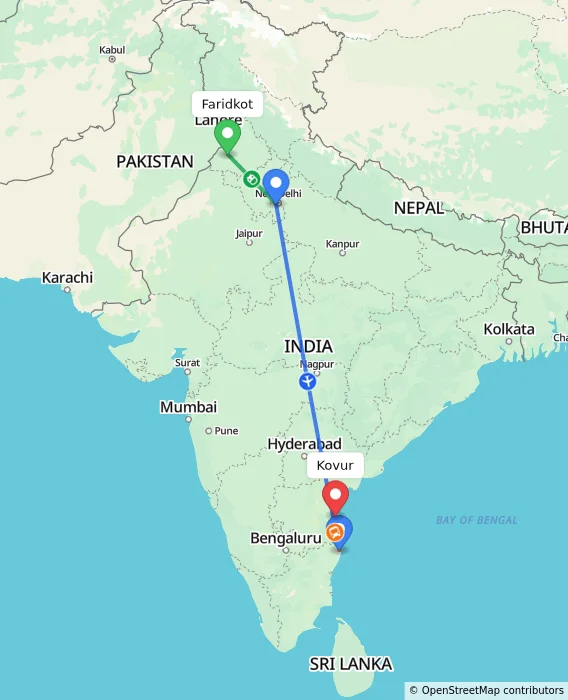 Route map showing distance and travel time from Faridkot, India to Kovur, India