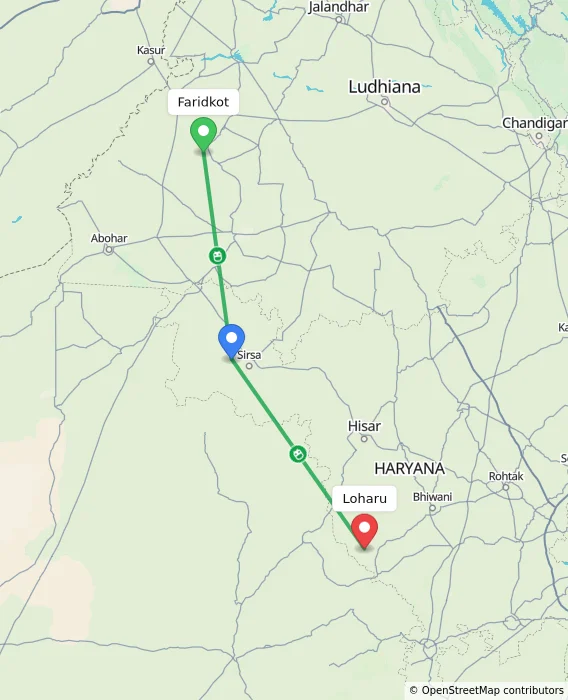 Route map showing distance and travel time from Faridkot, India to Loharu, India